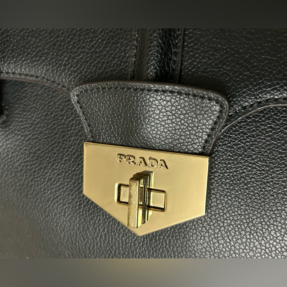 Prada Black Leather Shoulder Bag with Gold-Tone Clasp - Picture 2 of 15